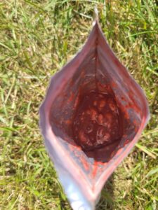 smoothie czerwonego koloru w torebce, widać niewielkie bryłki