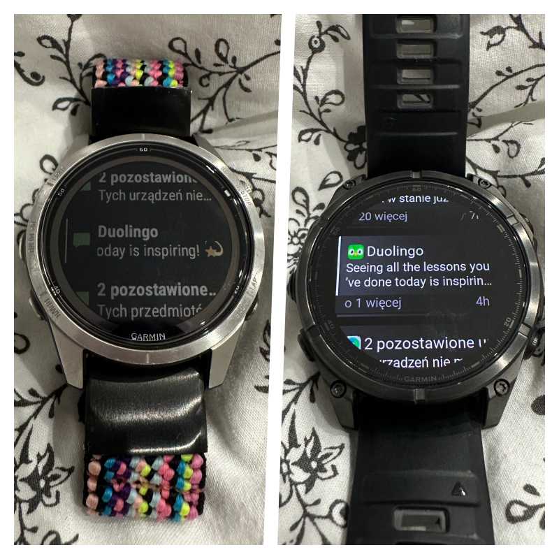 z lewej strony widać powiadomienia wyświetlane na ekranie Garmina Fenix 7 Pro Solar, z prawej - na ekranie recenzowanego Garmina Fenix 8 AMOLED