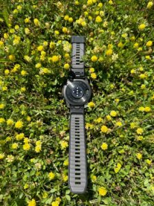 Zegarek Garmin Fenix 8 AMOLED ustawiony tylną częścią tarczy do góry, położony na kwiatach