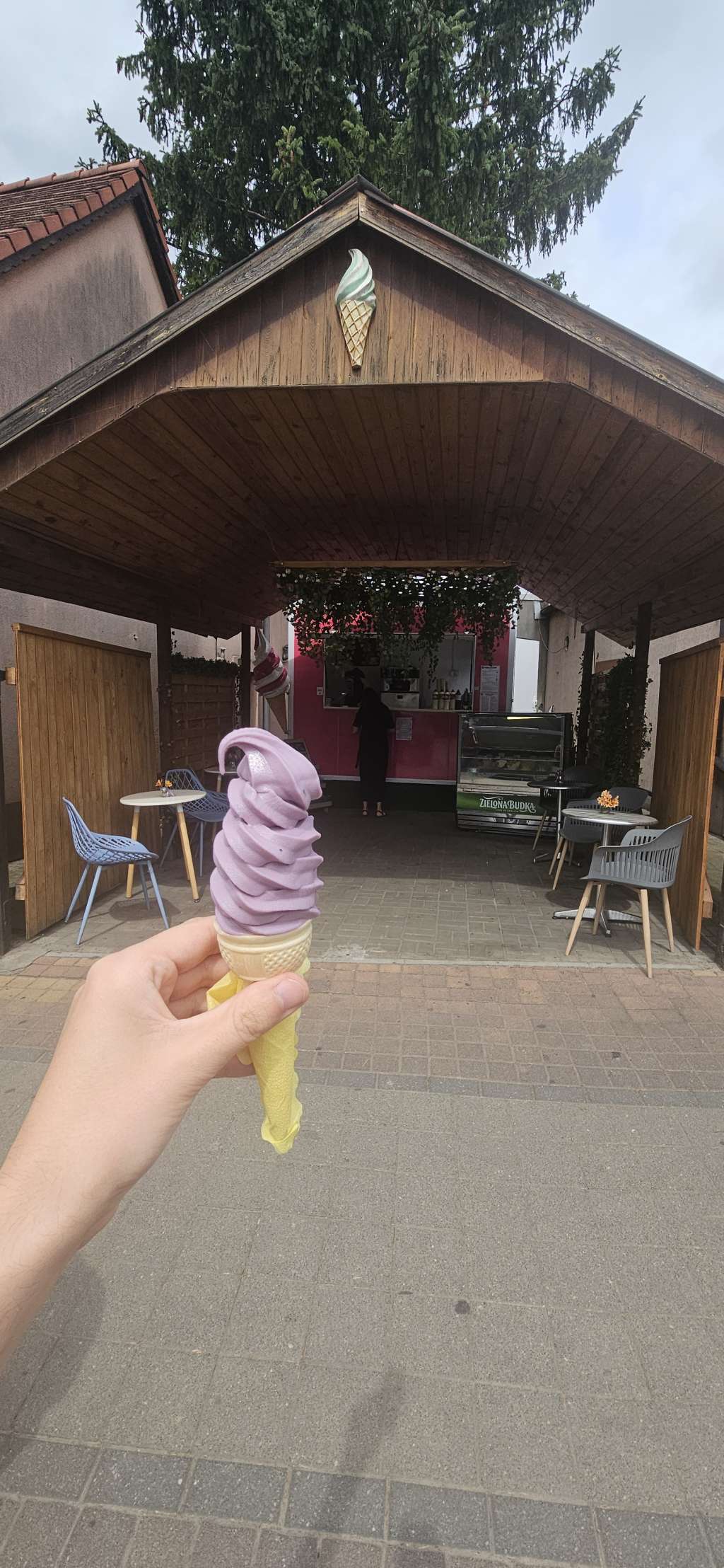 kobieca dłoń trzyma loda włoskiego o smaku borówkowym, lubuskie to także atrakcje gastronomiczne