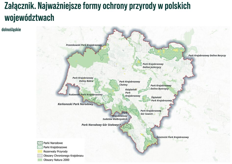 Mapa: Najważniejsze formy ochrony przyrody w polskich województwach - dolnośląskie
