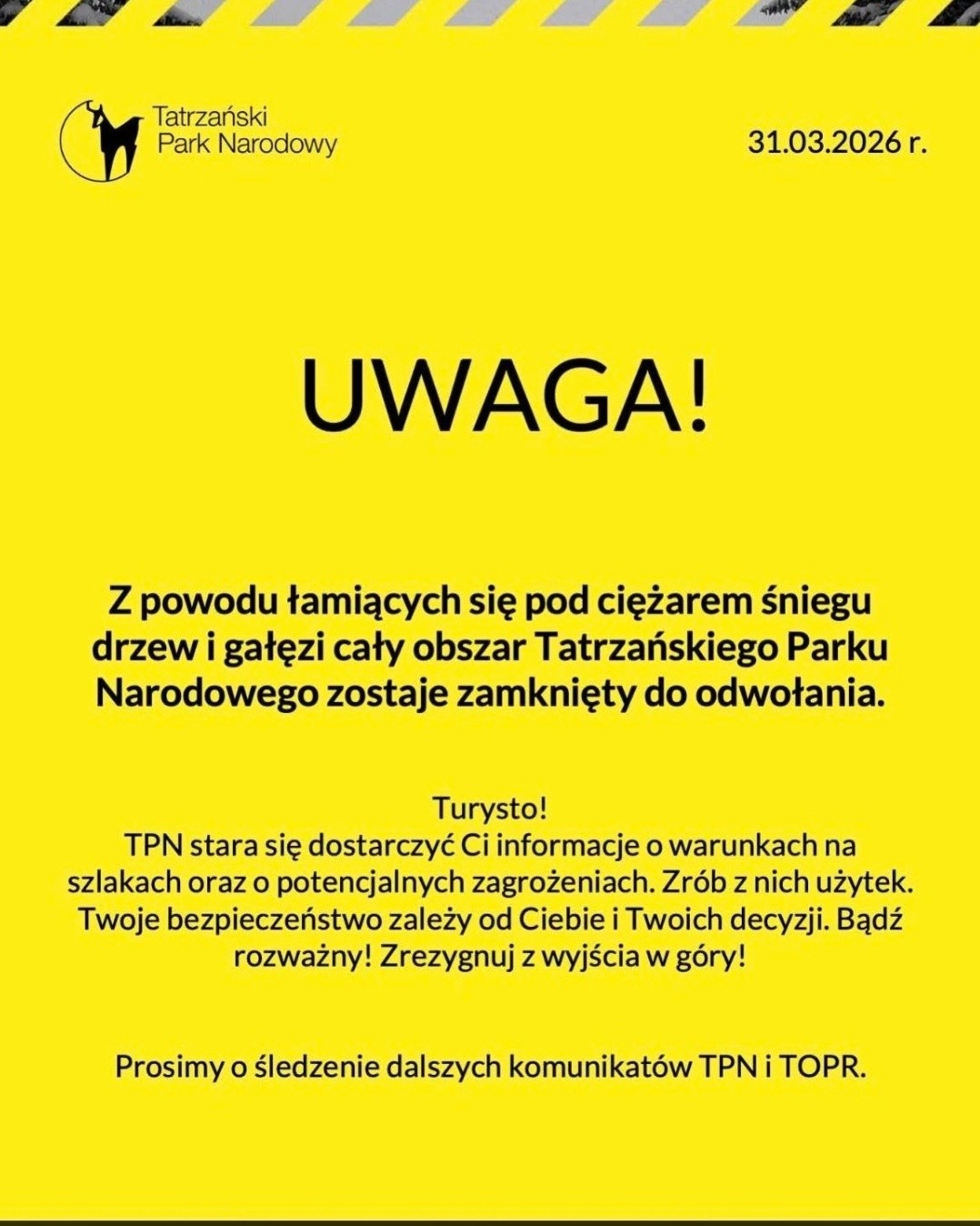 Tatrzański Park Narodowy zamknięty