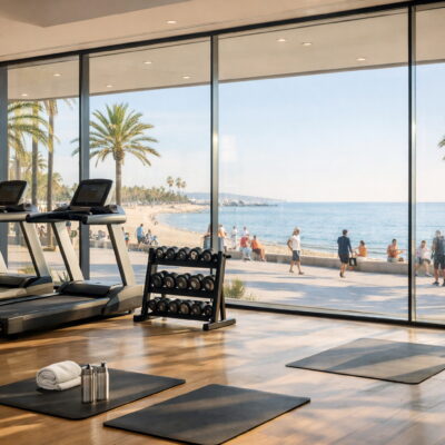 Siłownia z urządeniami a w tle wakacyjne wybrzeże - idealnie na aktywny wypoczynek