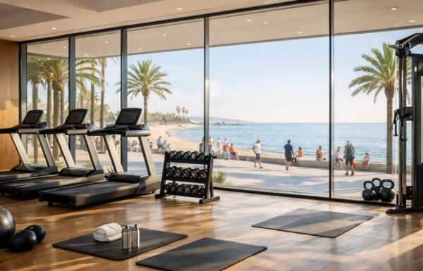Siłownia z urządeniami a w tle wakacyjne wybrzeże - idealnie na aktywny wypoczynek